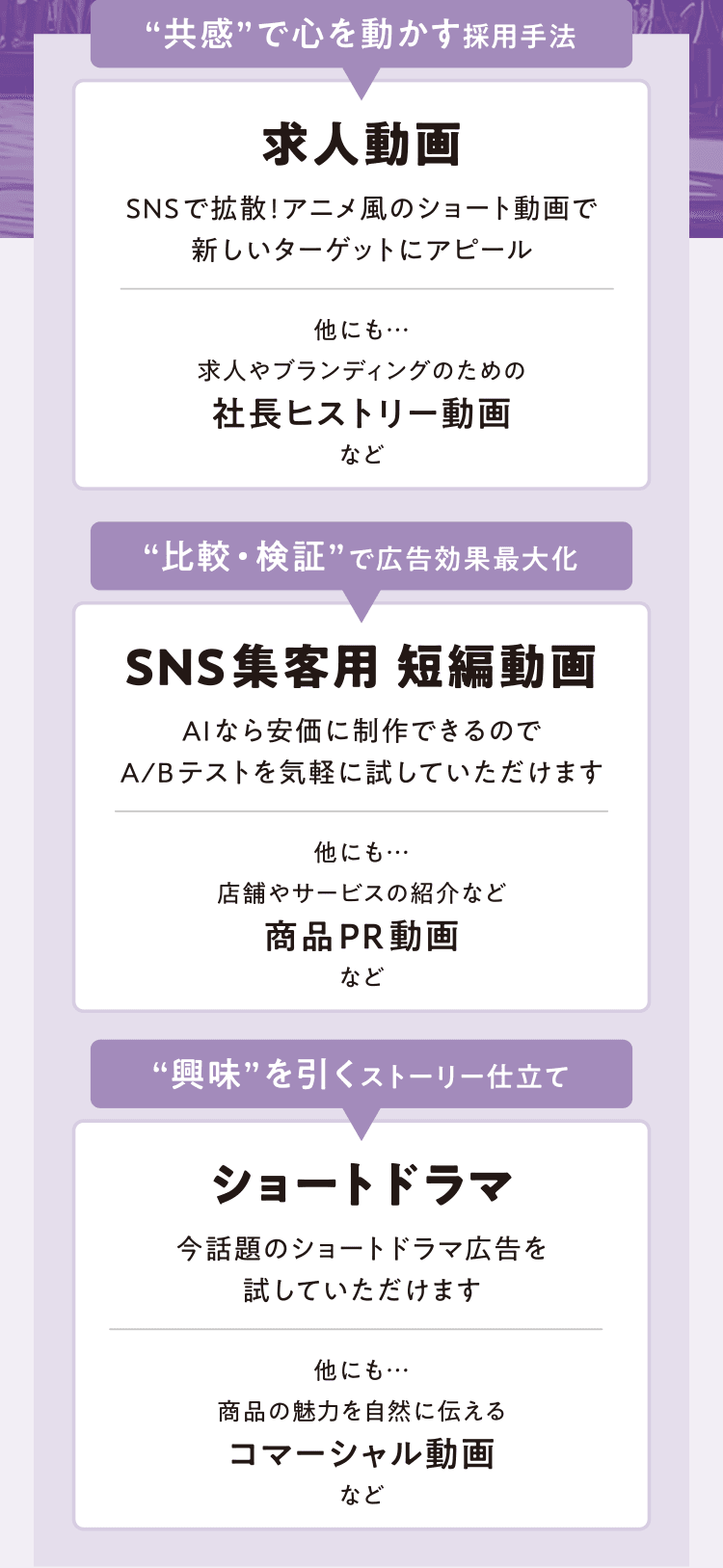 [“共感”で心を動かす採用手法] 求人動画 SNSで拡散!アニメ風のショート動画で新しいターゲットにアピール／[“比較・検証”で広告効果最大化] SNS集客用 短編動画 AIなら安価に制作できるのでA/Bテストを気軽に試していただけます／[“興味”を引くストーリー仕立て] ショートドラマ 今話題のショートドラマ広告を試していただけます