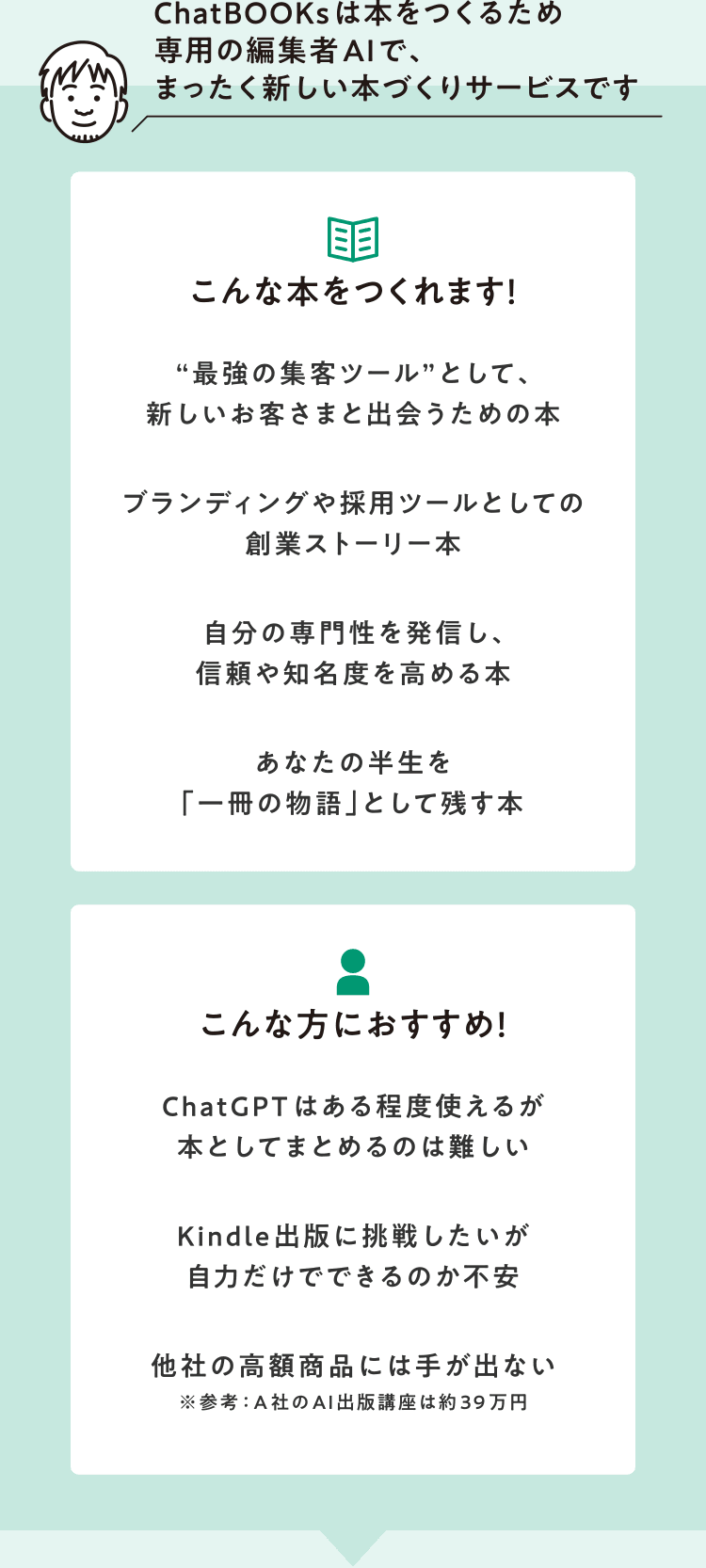 ChatBOOKsは本をつくるため専用の編集者AIで、まったく新しい本づくりサービスです　[こんな本をつくれます！] “最強の集客ツール”として、新しいお客さまと出会うための本／ブランディングや採用ツールとしての創業ストーリー本／自分の専門性を発信し、信頼や知名度を高める本／あなたの半生を「一冊の物語」として残す本　[こんな方におすすめ！] ChatGPTはある程度使えるが本としてまとめるのは難しい／Kindle出版に挑戦したいが自力だけでできるのか不安／他社の高額商品には手が出ない ※参考：A社のAI出版講座は約39万円