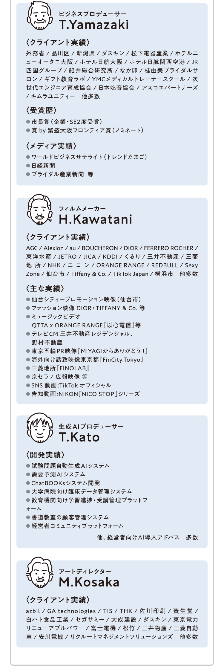ビジネスプロデューサー T.Yamazaki、フィルムメーカー H.Kawatani、生成AIプロデューサー T.Kato、アートディレクター M.Kosaka